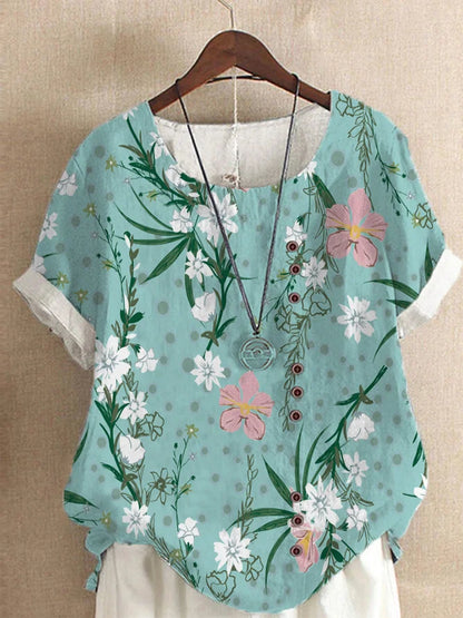 2025 Summer retro fashion printed loose casual shirt top, suitable for casual or vacation ladies' beachwear