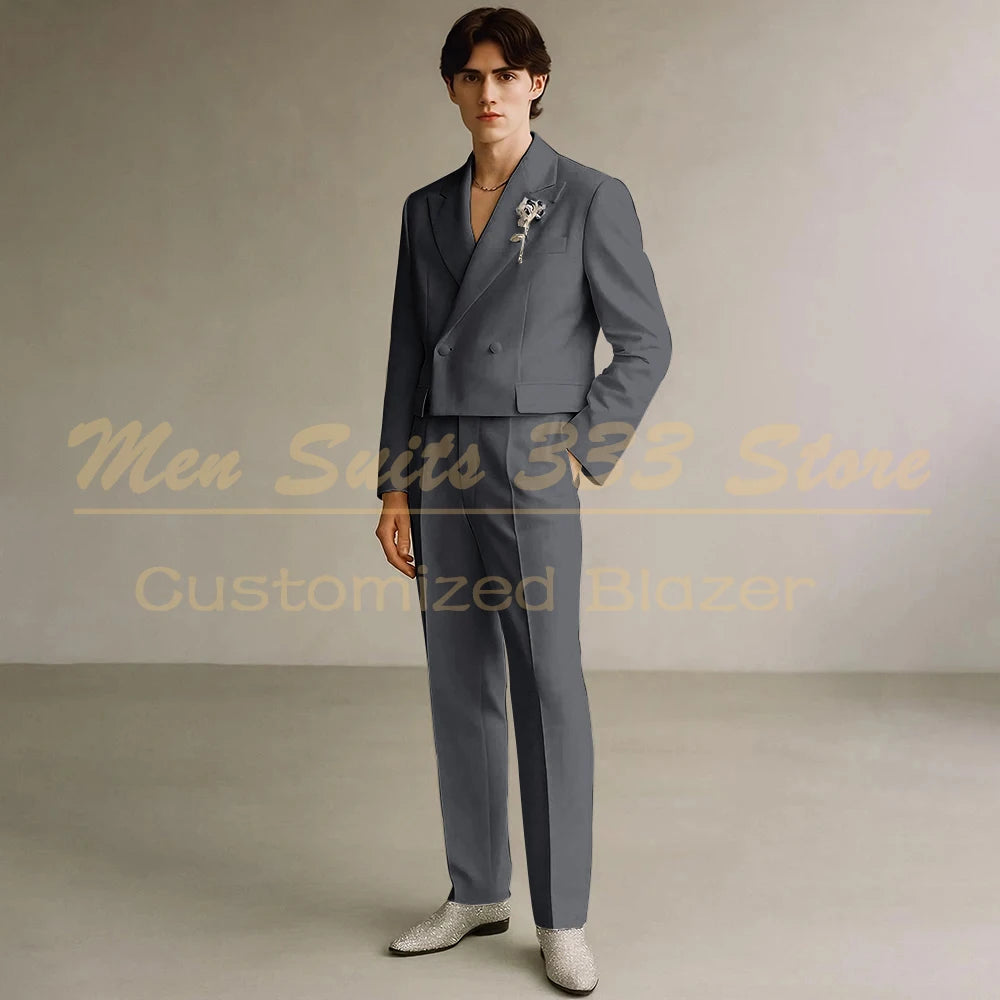 Cropped Men's Suits Formal Wedding Groomsmen 2 Piece Jacket Pants Sets Fashion Male Clothing High Quality Male Clothing Costume