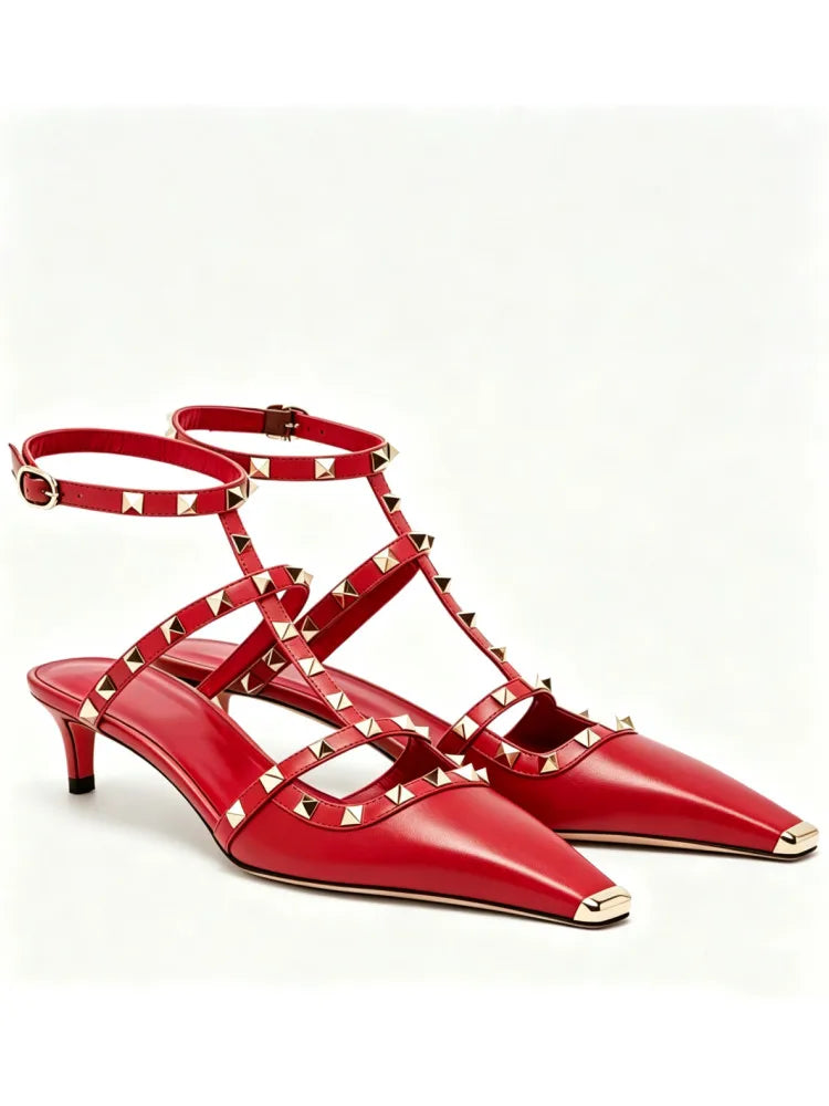 Summer Square Headed Rivet High-heeled Women's Sandals, Fashionable and Sexy Women's Party T-table Women's Plus Size Sandals