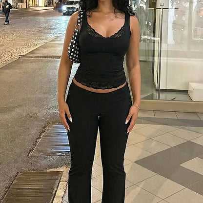 Square Collar Backless Slim Lace Ruffles Patchwork Tank Top Women'S Fashion Sexy Y2K Top Party Vacation Short Summer Clothes