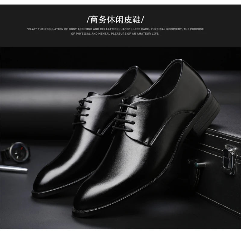 Mens Breathable Leather Dress Shoes Formal Business Footwear Pointed Toe Lace Up Flat Sole Groom Wedding Shoes Simple Leisure