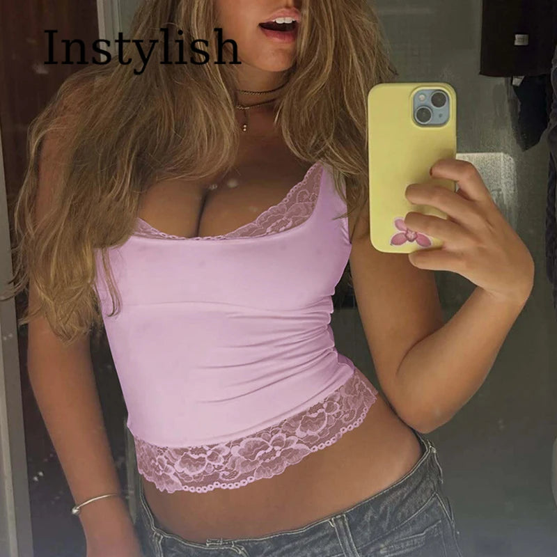 Square Collar Backless Slim Lace Ruffles Patchwork Tank Top Women'S Fashion Sexy Y2K Top Party Vacation Short Summer Clothes