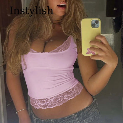 Square Collar Backless Slim Lace Ruffles Patchwork Tank Top Women'S Fashion Sexy Y2K Top Party Vacation Short Summer Clothes