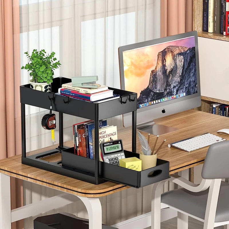 Double Layer Sliding Under Sink Storage Rack with Hanging Hooks Multifunctional Kitchen Bathroom Cabinet Organizer Rack
