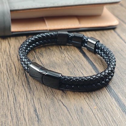 Customized Family Name Double Layer Stainless Steel Leather Bracelet Lock Bangle with Square Charm Men's Punk Jewelry Gifts