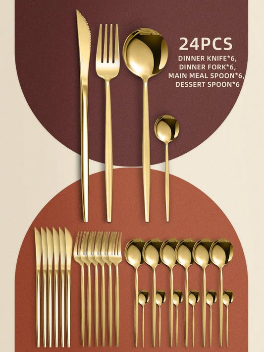 24pcs Stainless Steel Hotel Western Cutlery Set, Includes Knives, Forks, Spoons, And Tea Spoons,Kitchen,Christmas Gift