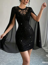 Lace Cape-Sleeve Mini Dress