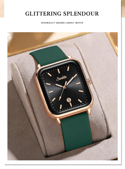 Sunkta Fashion Elegant Woman Watch Square Luxury Retro Silicone Belt Auto Date Casual Waterproof Luminous Quartz Watches for Men