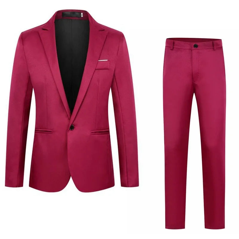 Spring Autumn New Fashion Men's Casual Trendy Slim 2 Pieces of Sets Suit Sets Solid Color Single-button Suit Blazers Pants Male