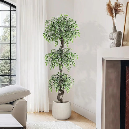 Artificial Ficus Tree Indoor Outdoor Fake Ficus Tree with Pebbles & Green Fake Moss, Pot Faux Tree for Office Home Decor