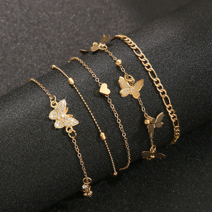 Elegant Butterfly Heart-shaped Pendant Ankle Chain Inlaid Shiny Rhinestones Summer Vacations Beach Party Women's Foot Jewelry
