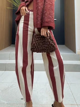 Striped Button-Front Curved-Leg Pants