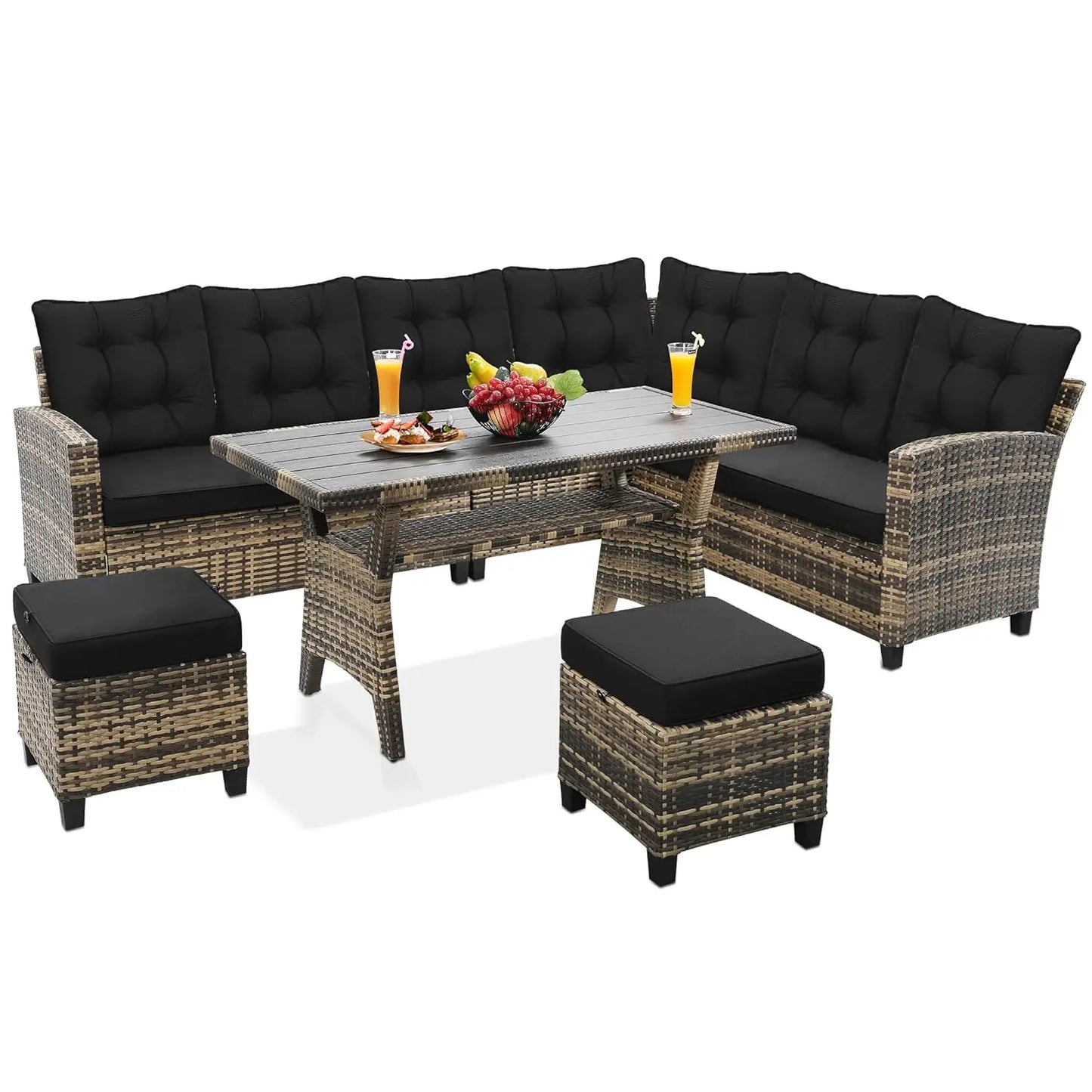 6-Piece Patio Sectional Sofa Dining Set All-Weather Removable Cushion Covers Garden Porch Backyard, Custom