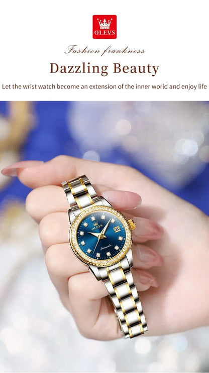 OLEVS 7003 Women Automatic Watch Waterproof Luminous Calendar Mechanical Ladies Wristwatch Steel Strap Luxury Watch Women