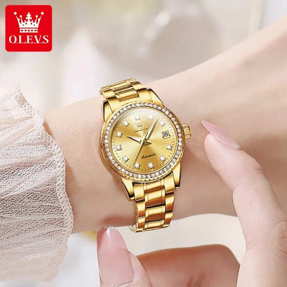OLEVS 7003 Women Automatic Watch Waterproof Luminous Calendar Mechanical Ladies Wristwatch Steel Strap Luxury Watch Women
