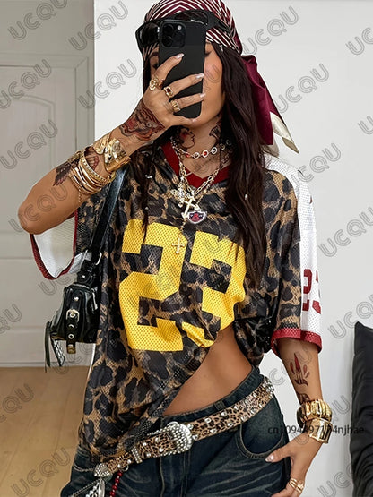 Summer New Leopard No. 23 Print T-Shirt For Women V-Neck Patchwork Short Sleeve Sports Football Jersey Y2K Loose Oversized Tops