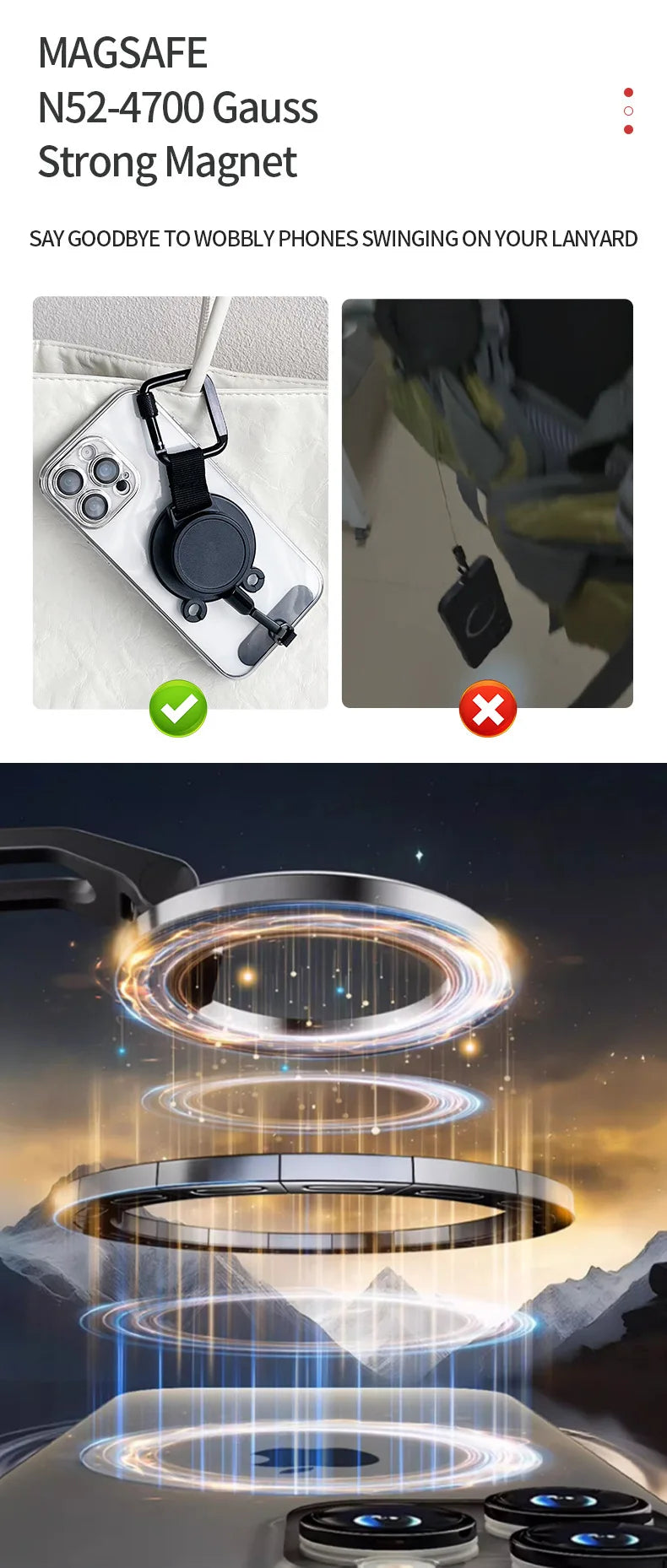 For Magsafe Magnetic Universal Mobile Phone Holder Backpack Clip Carabiner Retractable Steel Wire Rope Outdoor Anti-lost Stand