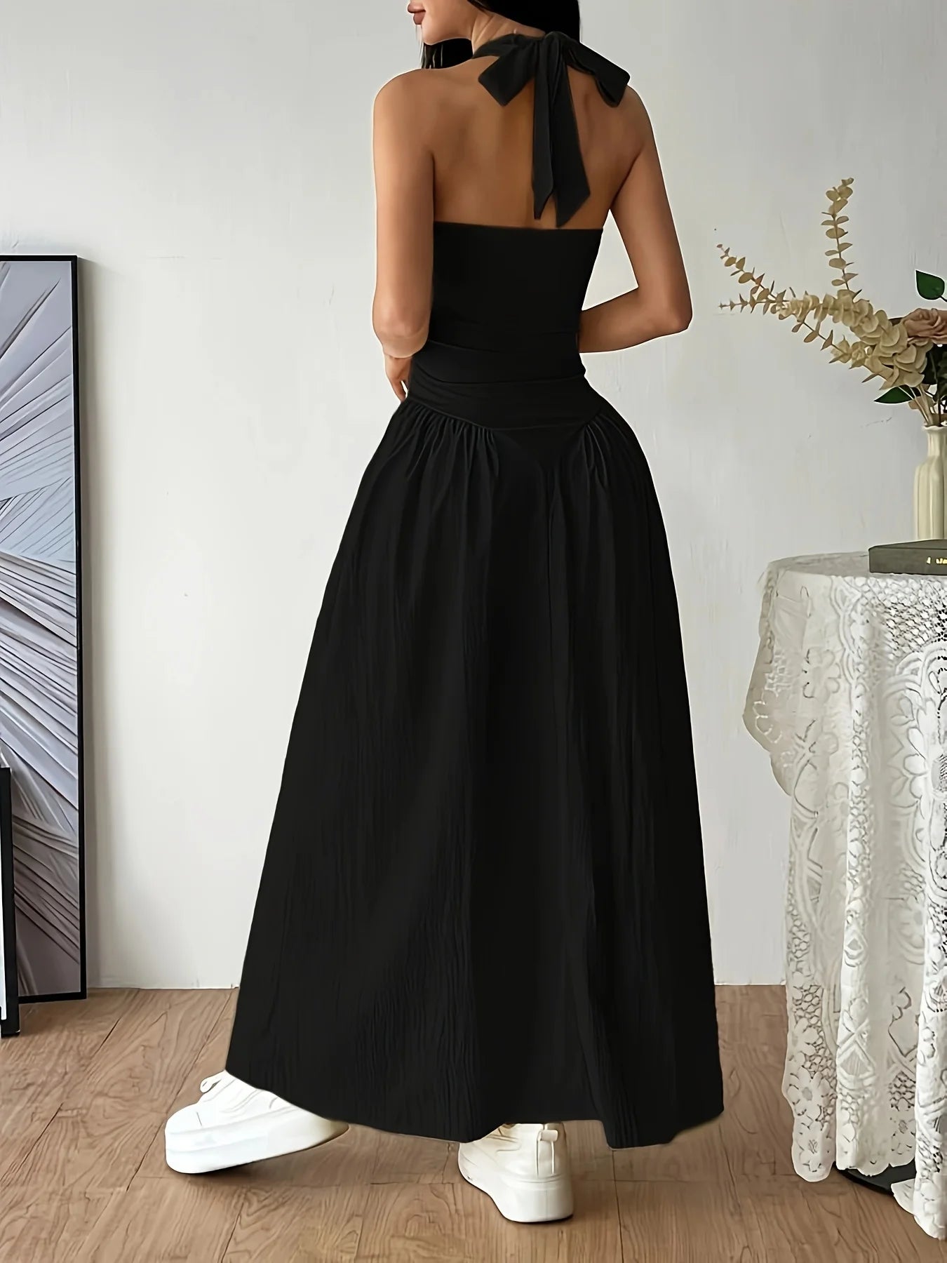 2026Women Yellow Halter Neck Maxi Dress Sleeveless V-Neck Backless A-Line Long Dress Casual Summer Elegant Beach Party Dresses