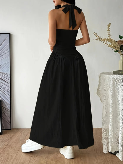 2026Women Yellow Halter Neck Maxi Dress Sleeveless V-Neck Backless A-Line Long Dress Casual Summer Elegant Beach Party Dresses