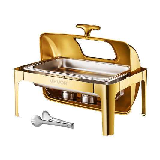 SucceBuy 9Qt Roll Top Chafing Dish Buffet Stainless Steel Chafer with Full Size Pan Visible Lid Rectangle Catering Warmer Server
