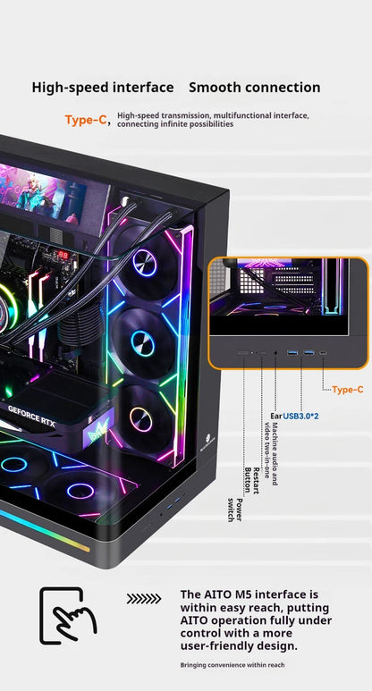 WJCOOLMAN AITO Plus ATX PC case 9.16-inch screen RGB light strip 360 water cooler Integrated curved glass computer case
