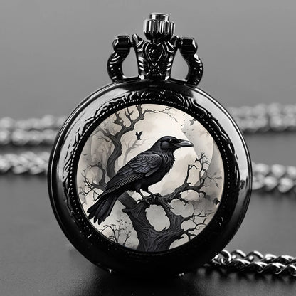 Gothic Design Black Raven Pocket Watch with Necklace Alloy Case & Band,Quartz Movement, Non-Waterproof Watch for Men Women Kids