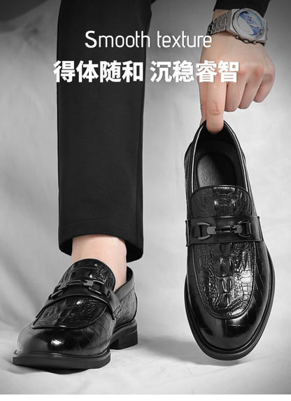 Mens Black Crocodile Embossed Leather Loafers With Metal Horsebit Buckle Thick Sole Formal Business Wedding Party Dress Shoes