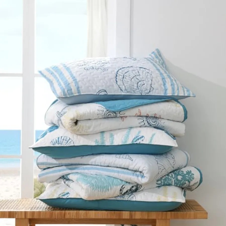 Coastal Quilt Bedding Set Size Reversible Summer Beach Quilt Lightweight Ocean Nautical Comforter Tropical Bedspread Coverlet w