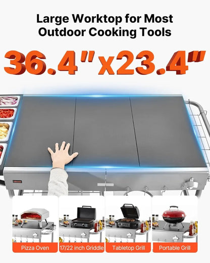 Outdoor Grill Cart with Wheels, 36.4x23.4 Inch Tabletop, Movable BBQ Prep Table for Picnic Kitchen Courtyard