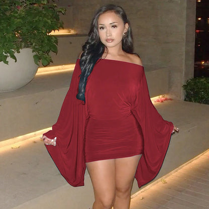 Hugcitar Solid Long Cloak Sleeve Sexy Loose Sexy Ruched Sexy Bodycon Mini Dress Fall Winter Women Fashion Outfit Party Festival