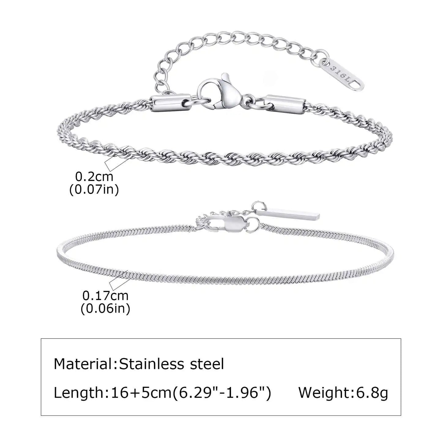 2pcs Men's Chain Bracelets,Silver Color Stainless Steel Rope Twisted Adjustable Chain Wristband,Simple Jewelry Gift for Dad Him