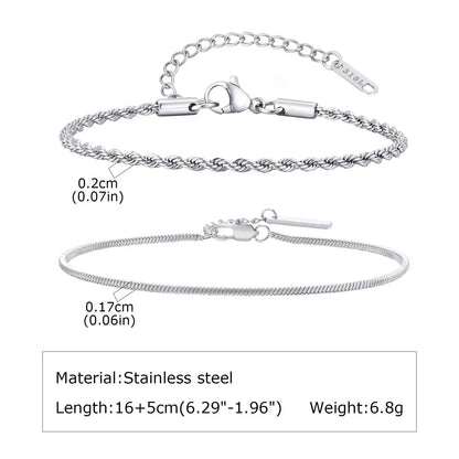 2pcs Men's Chain Bracelets,Silver Color Stainless Steel Rope Twisted Adjustable Chain Wristband,Simple Jewelry Gift for Dad Him