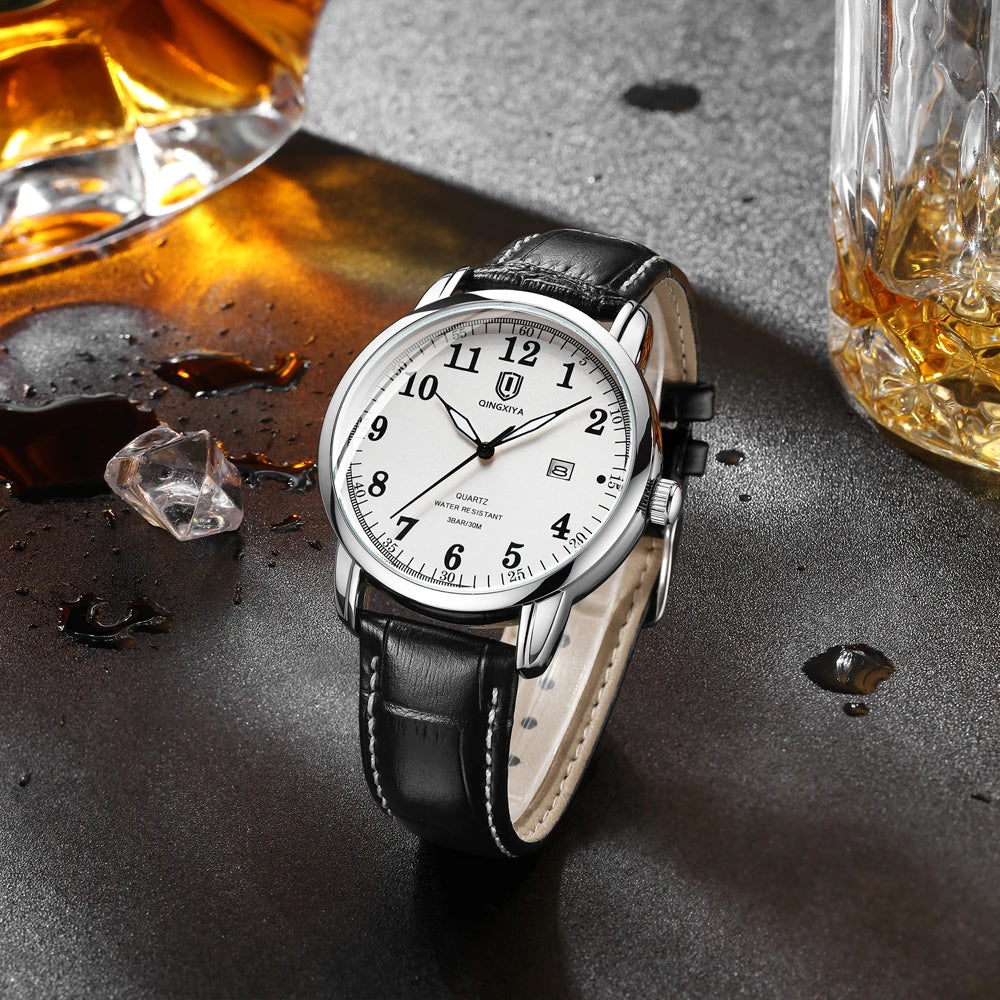 QINGXIYA Classic Business Watch  Men Calendar Quartz Watches Top Brand Luxury Leather Waterproof Mens Watches Relogio Masculino