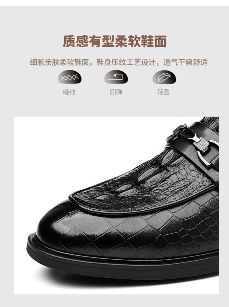 Mens Black Crocodile Embossed Leather Loafers With Metal Horsebit Buckle Thick Sole Formal Business Wedding Party Dress Shoes