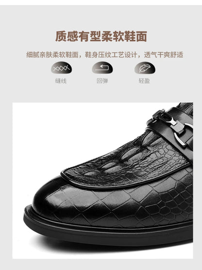 Mens Black Crocodile Embossed Leather Loafers With Metal Horsebit Buckle Thick Sole Formal Business Wedding Party Dress Shoes