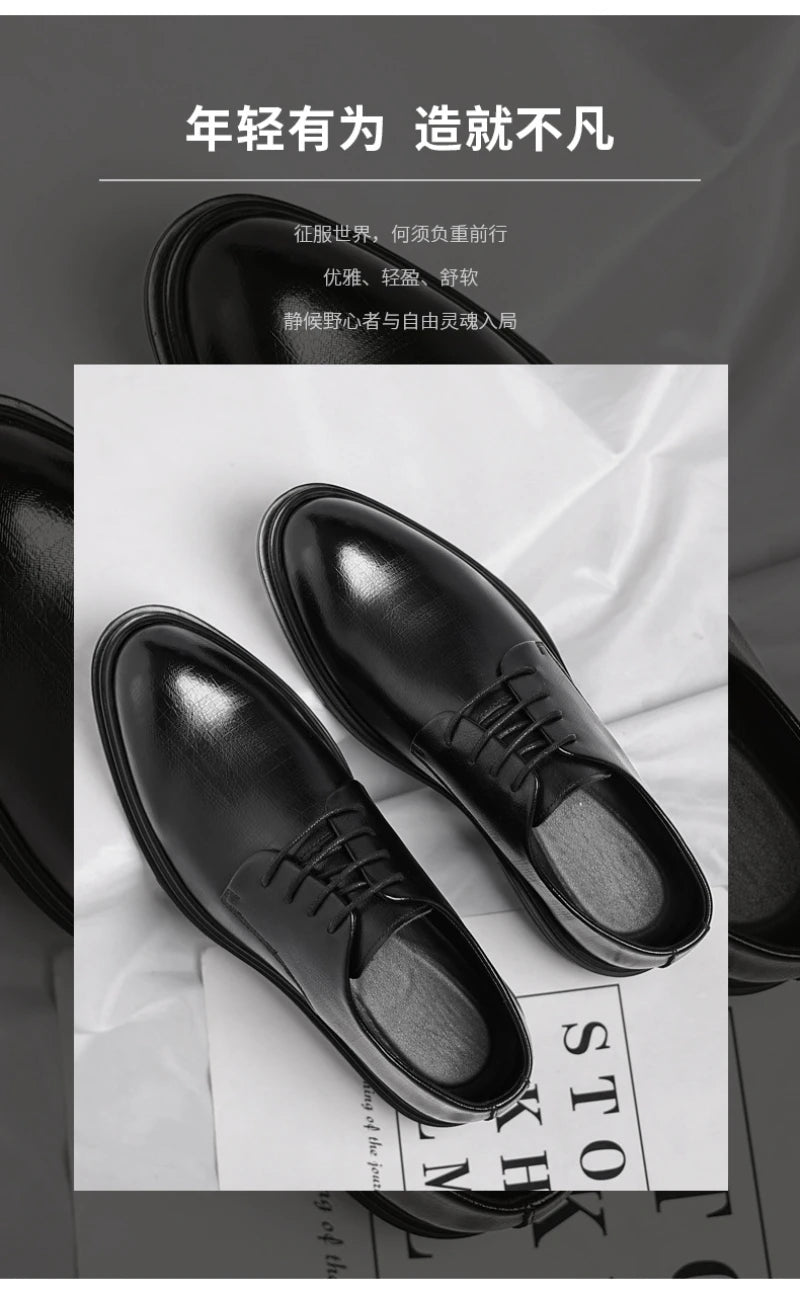 Mens Black Vintage Genuine Leather Lace Up Formal Business Office Groom Wedding Daily Wear Dress Shoes Simple British Style