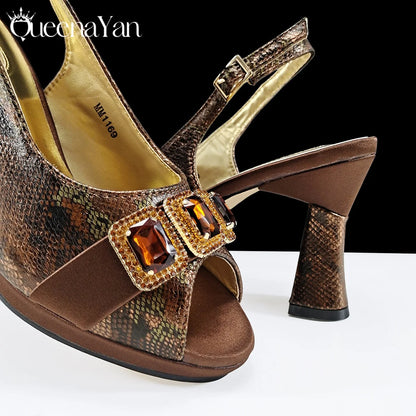 2025 Elegant Green Peep-Toe Women Heel Pumps for Italian Matching Party Shoes and Bags Set for Parties with Diamond Accents