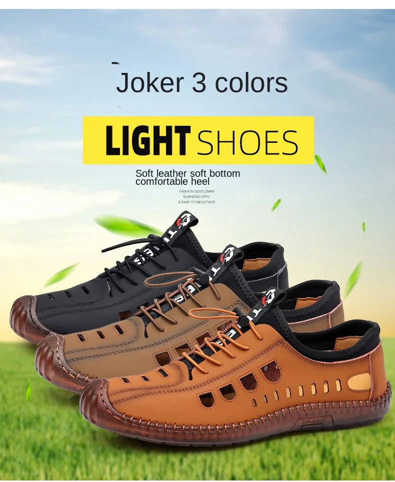 Men's Soft Leather 2024 Summer Men Leather Sandals Breathable Non-slip Cow Tendon Sole Casual Leather Shoes Outdoor Beach Shoes