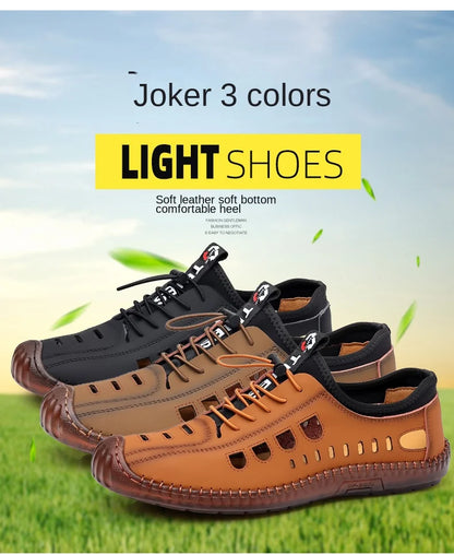 Men's Soft Leather 2024 Summer Men Leather Sandals Breathable Non-slip Cow Tendon Sole Casual Leather Shoes Outdoor Beach Shoes