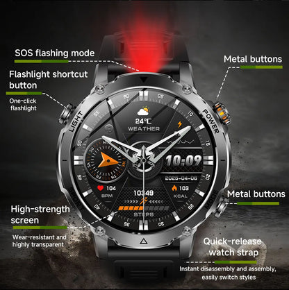 2026 New Military 1400mAh Battery Smart Watch Men Outdoor Flashlight 10ATM Waterproof Heart Rate Bluetooth Call Sports Bracelets