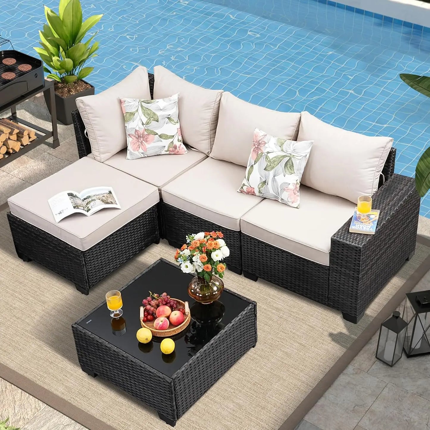 Rattan Patio Conversation Set with Cushions & Tea Table for Garden Backyard Poolside, Custom