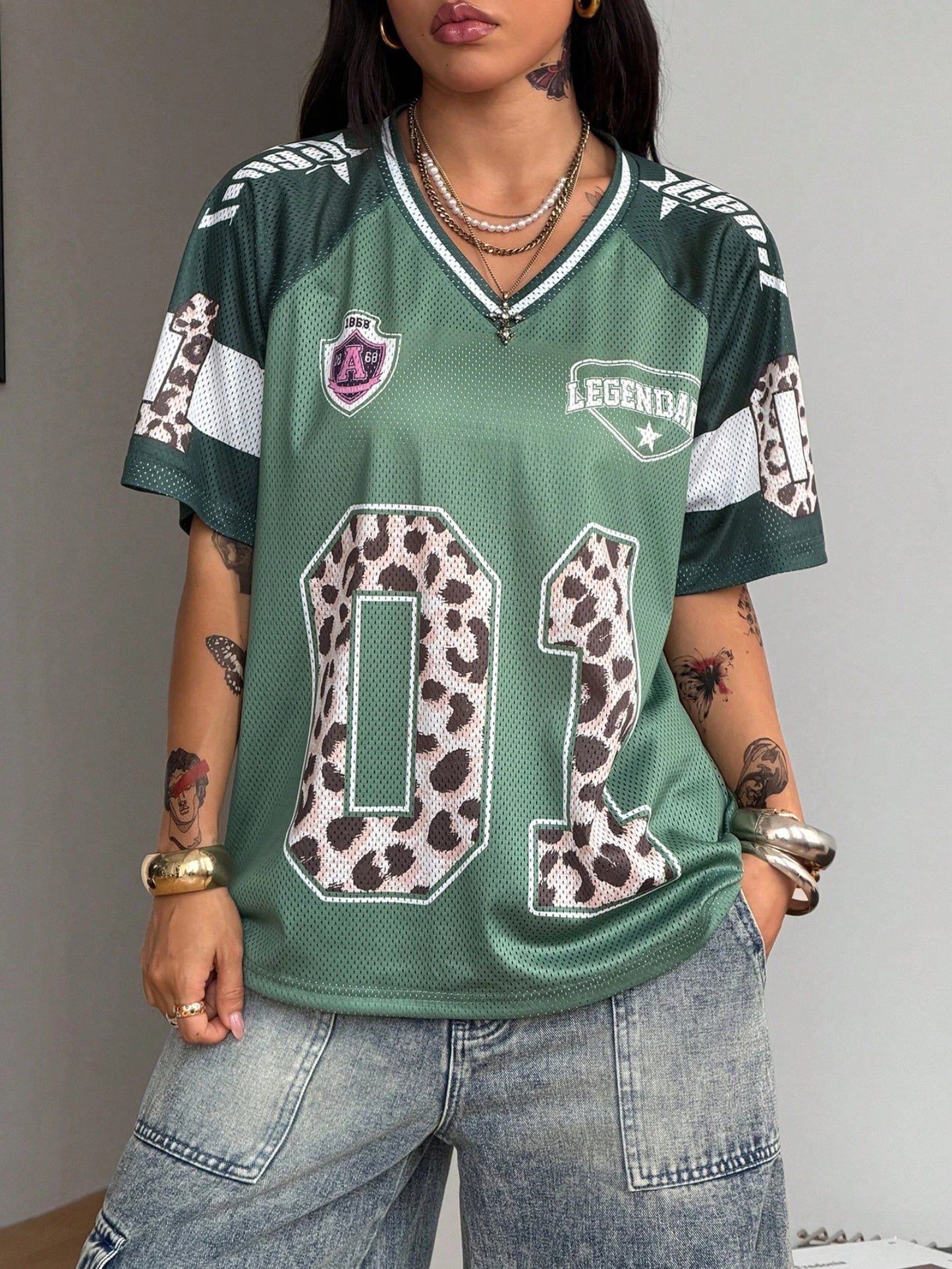 Women's Summer Going Out Streetwear Y2K Leopard Print Number Graphic Jersey Short Sleeve V Neck T Shirt Sporty Casual Tops