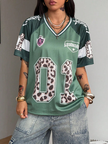 Women's Summer Going Out Streetwear Y2K Leopard Print Number Graphic Jersey Short Sleeve V Neck T Shirt Sporty Casual Tops