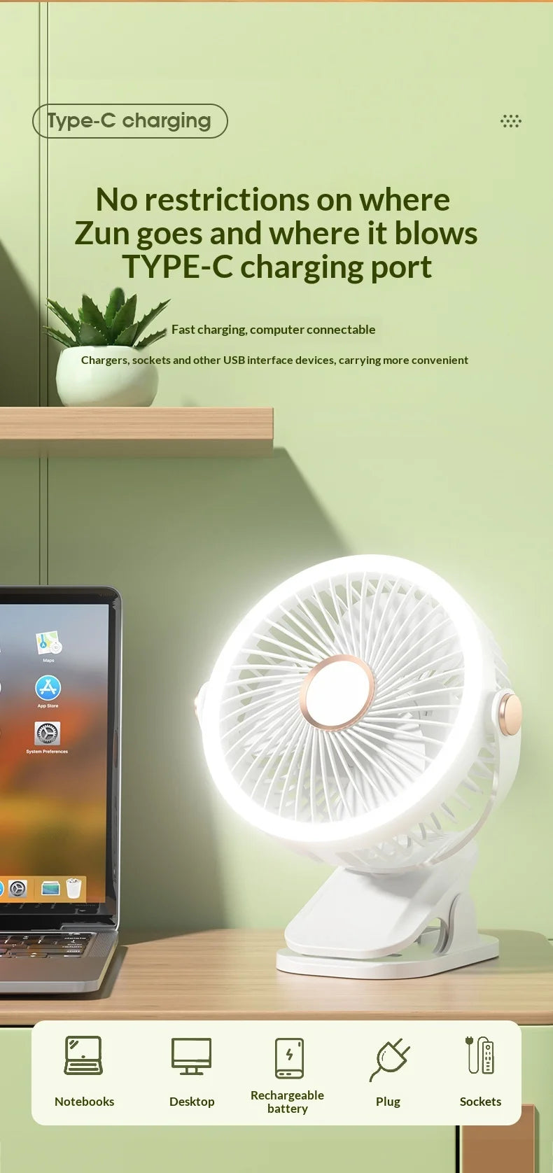 Portable Clip On Fan With LED Light, 720° Rotation Mini USB Rechargeable Fan, 5 Speed Quiet Cooling Fan For Home Office Camping