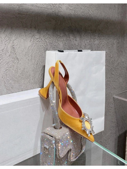 2025 European and American Women's New Silk Sunflower Crystal Diamond Buckle High Heels Horseshoe Heel Women's Sandals