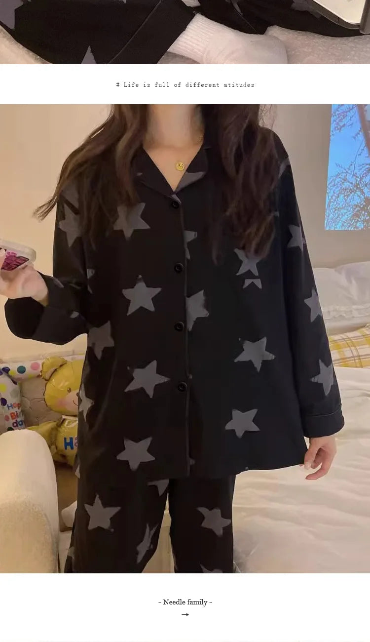 Korean Style Long-Sleeved Pajamas Set for Women Spring Autumn Homewear Comfortable Ladies Sleepwear Student Senior Casual Outfit