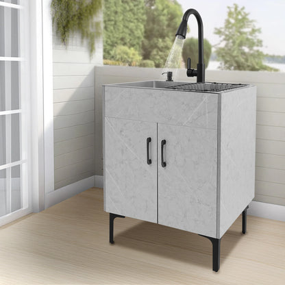 Freestanding Kitchen Sink Cabinet with Pull Out Faucet, Grey Stainless Steel Laundry Utility Sink with Drain Board