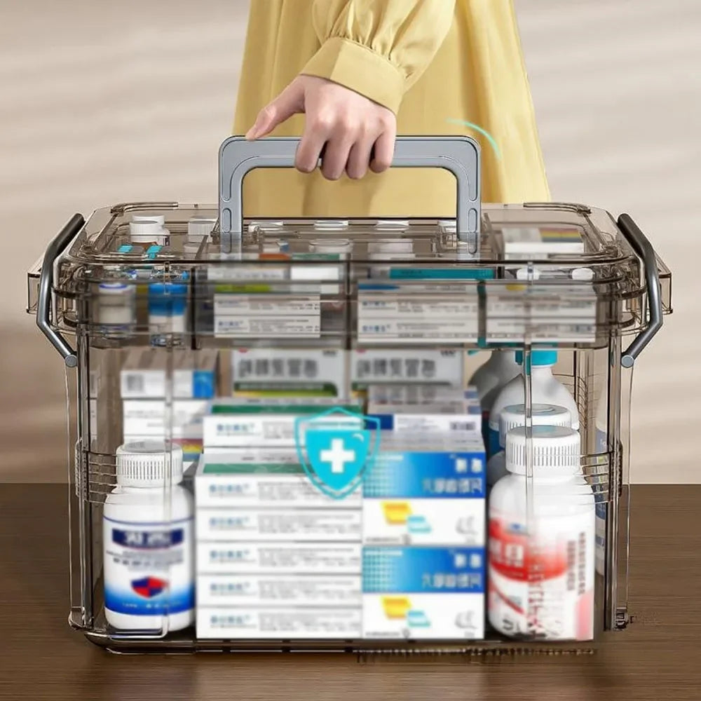 Transparent Plastic First Aid Box with Handle Household Emergency Medicine Storage Organizer Box