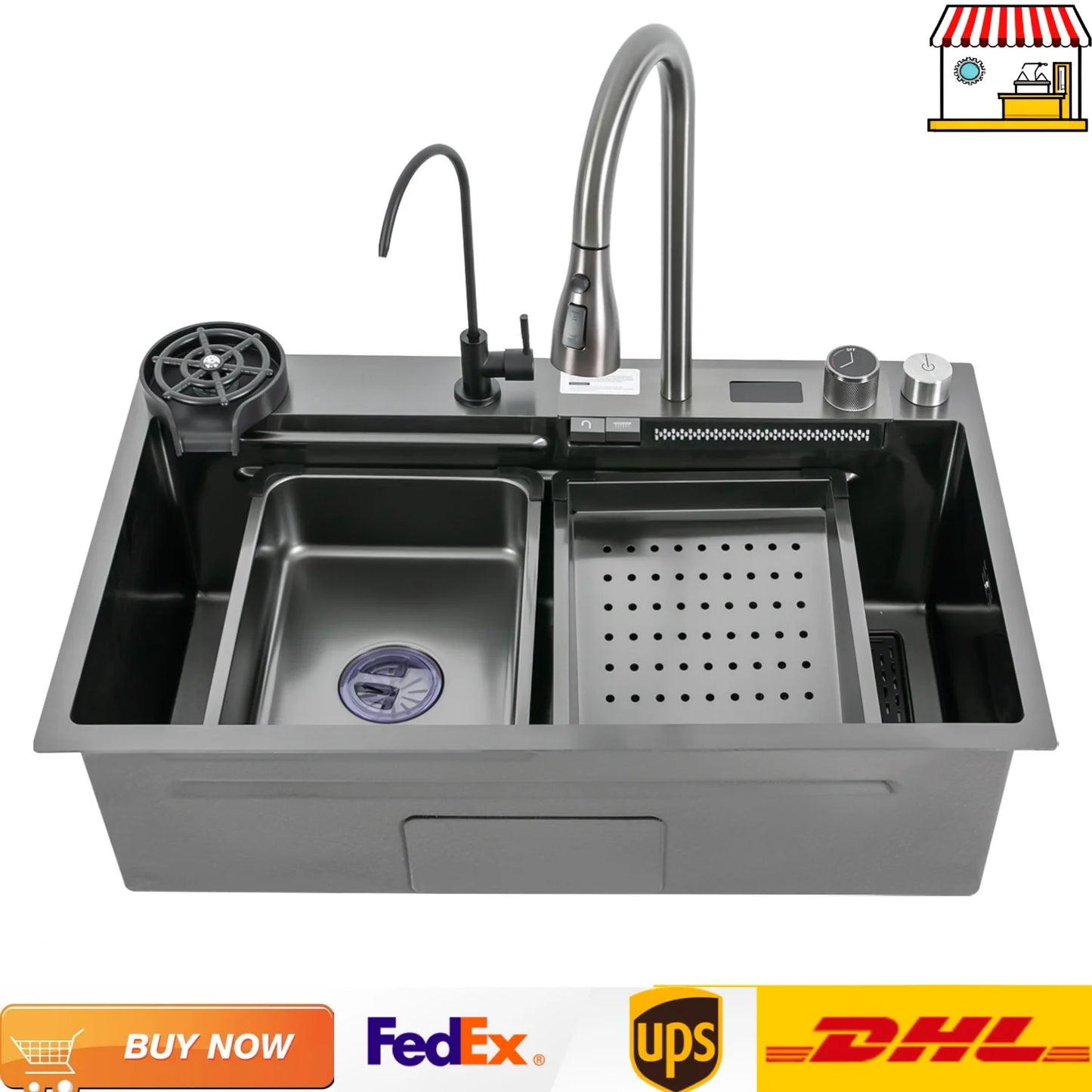 75*46CM Stainless Steel Waterfall Kitchen Sink with Pull Out Faucet,Soap Dispenser,Cup Washer