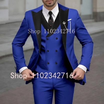 New Classic Beige Single Breasted Suits For Men Black Lapel Slim Fit Wedding Suit Groomsmen Formal Prom Party Suits 3 Piece Sets